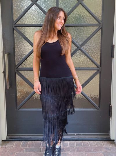 Black Fringe Knit Midi Dress