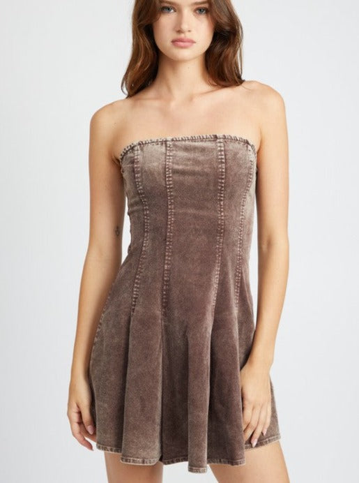 Pleated Strapless Mini Dress (Brown)