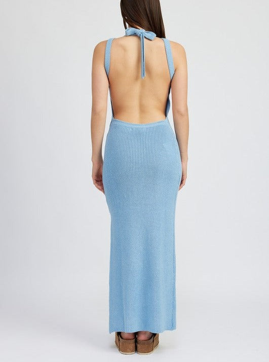 Blue Halter Knit Maxi Dress