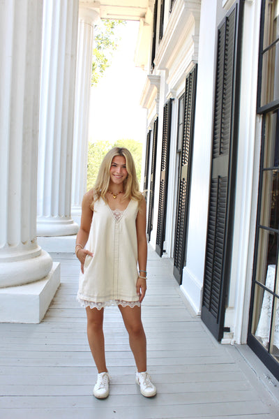 Denim Contrast Lace Shirt Mini Dress