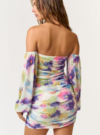 Purple Printed Mesh Mini Dress