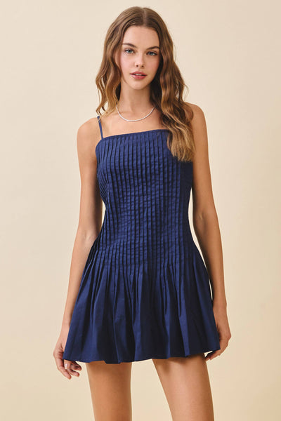 Navy Pintuck Pleats Mini Dress