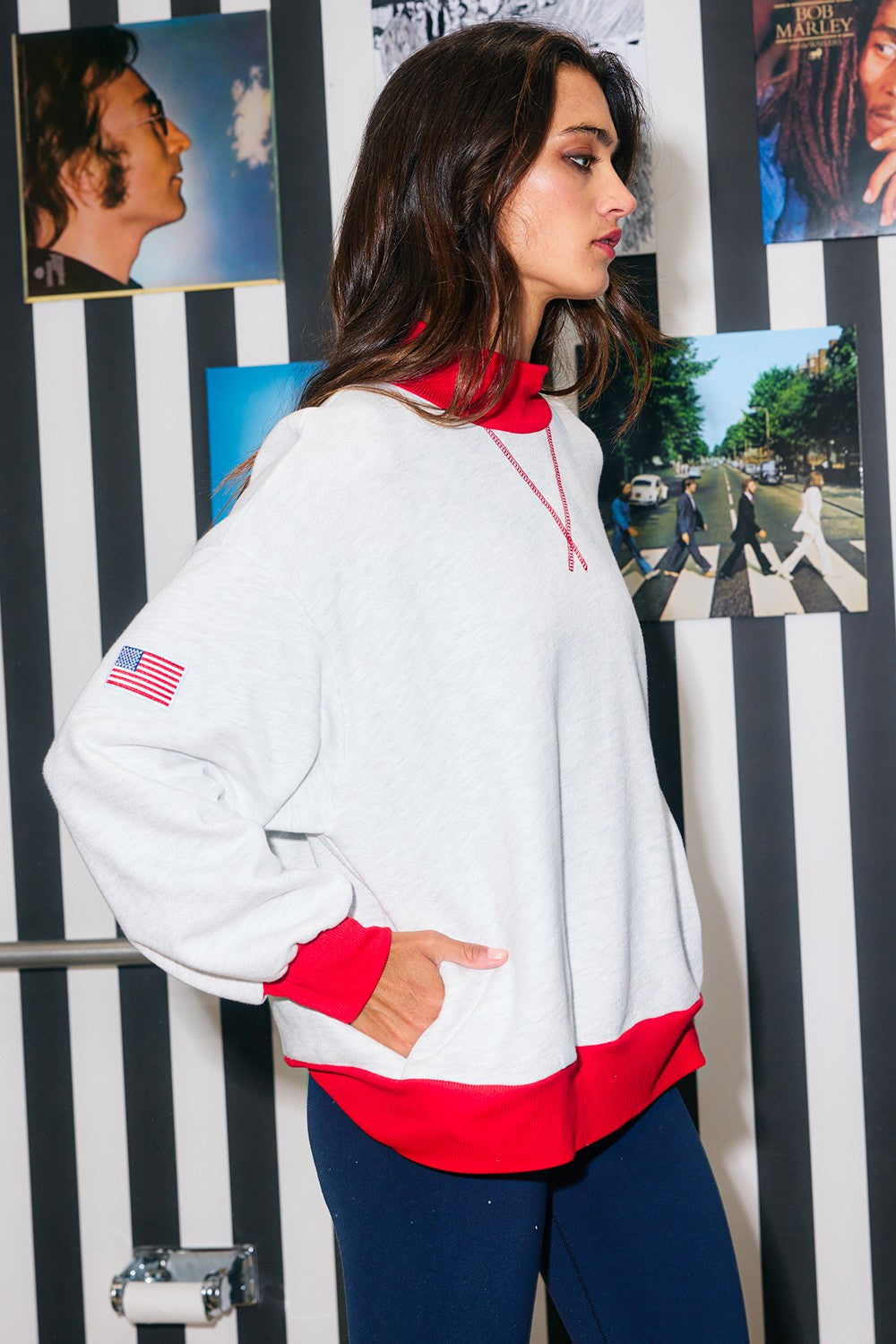 Flag Embroidered Mock Neck Sweatshirt