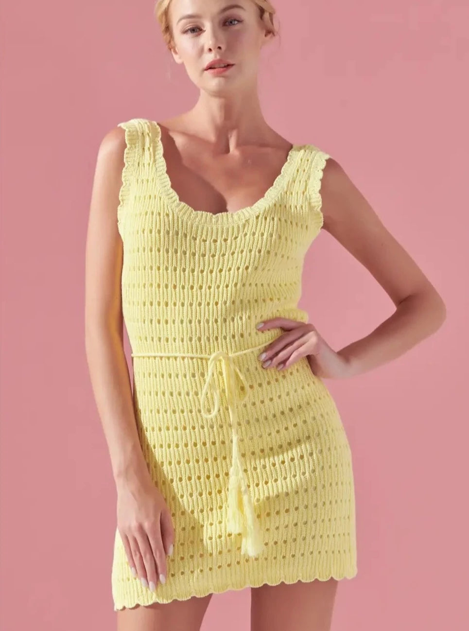 Lemon Scalloped Knit Mini Dress