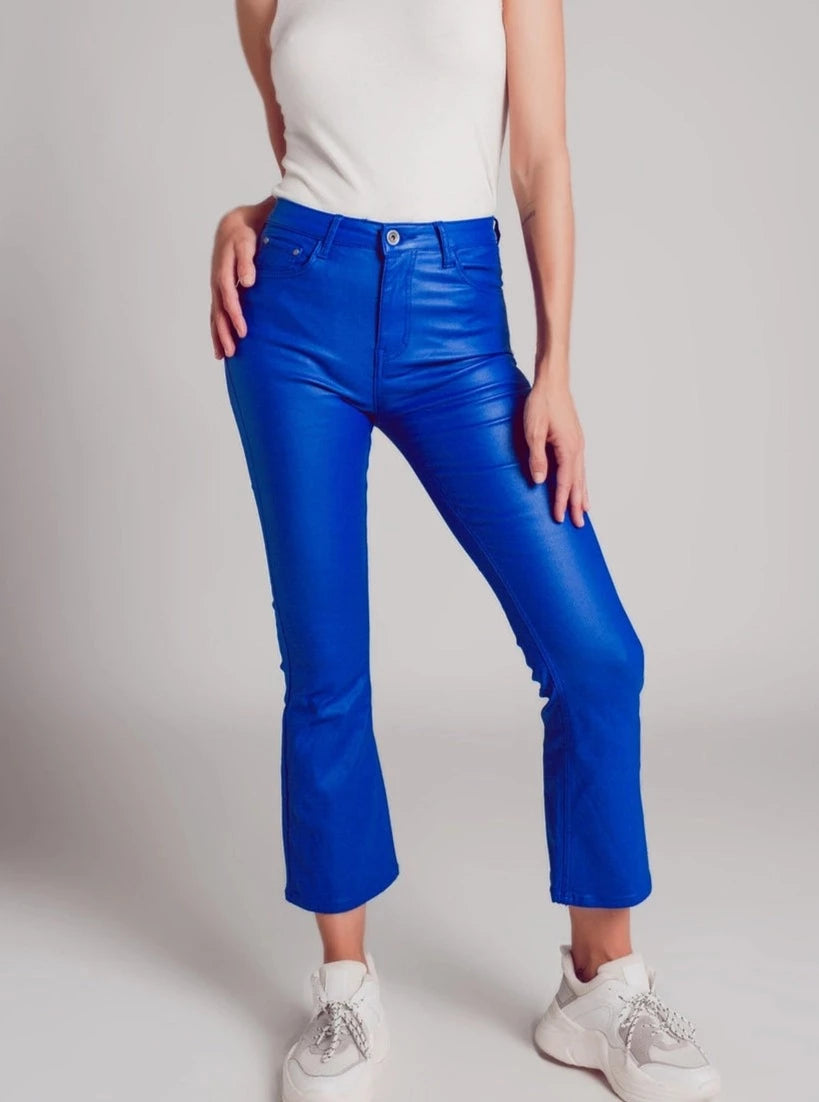 Electric Blue Faux Leather Flare Pants