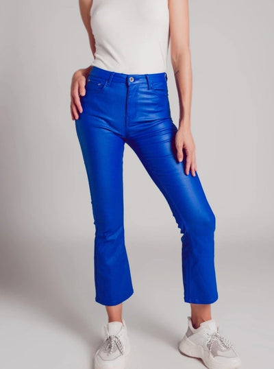 Electric Blue Faux Leather Flare Pants