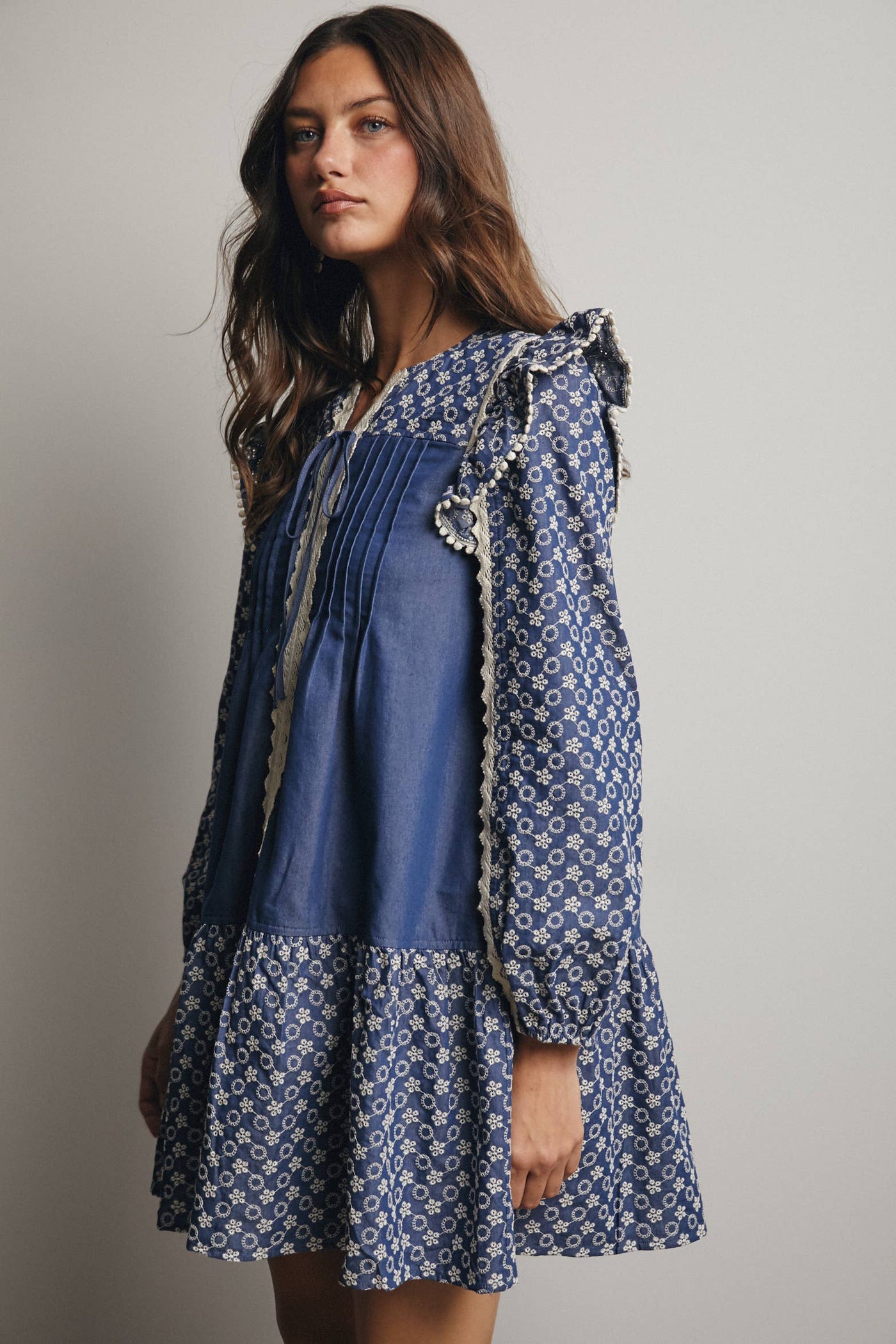 Denim Patchwork Lace Trim Mini Dress