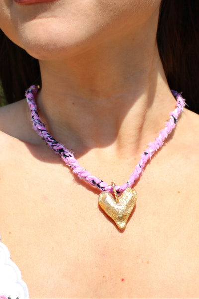 Pink Bandana with Gold Heart Necklace 