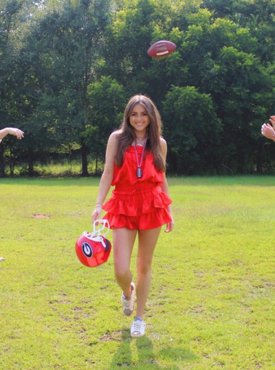 Red Strapless Flounce Romper