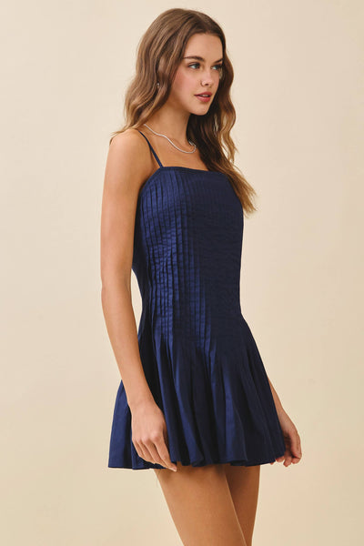 Navy Pintuck Pleats Mini Dress