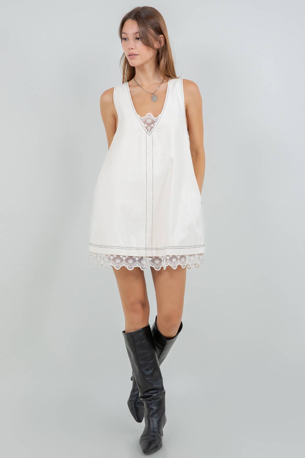 Denim Contrast Lace Shirt Mini Dress