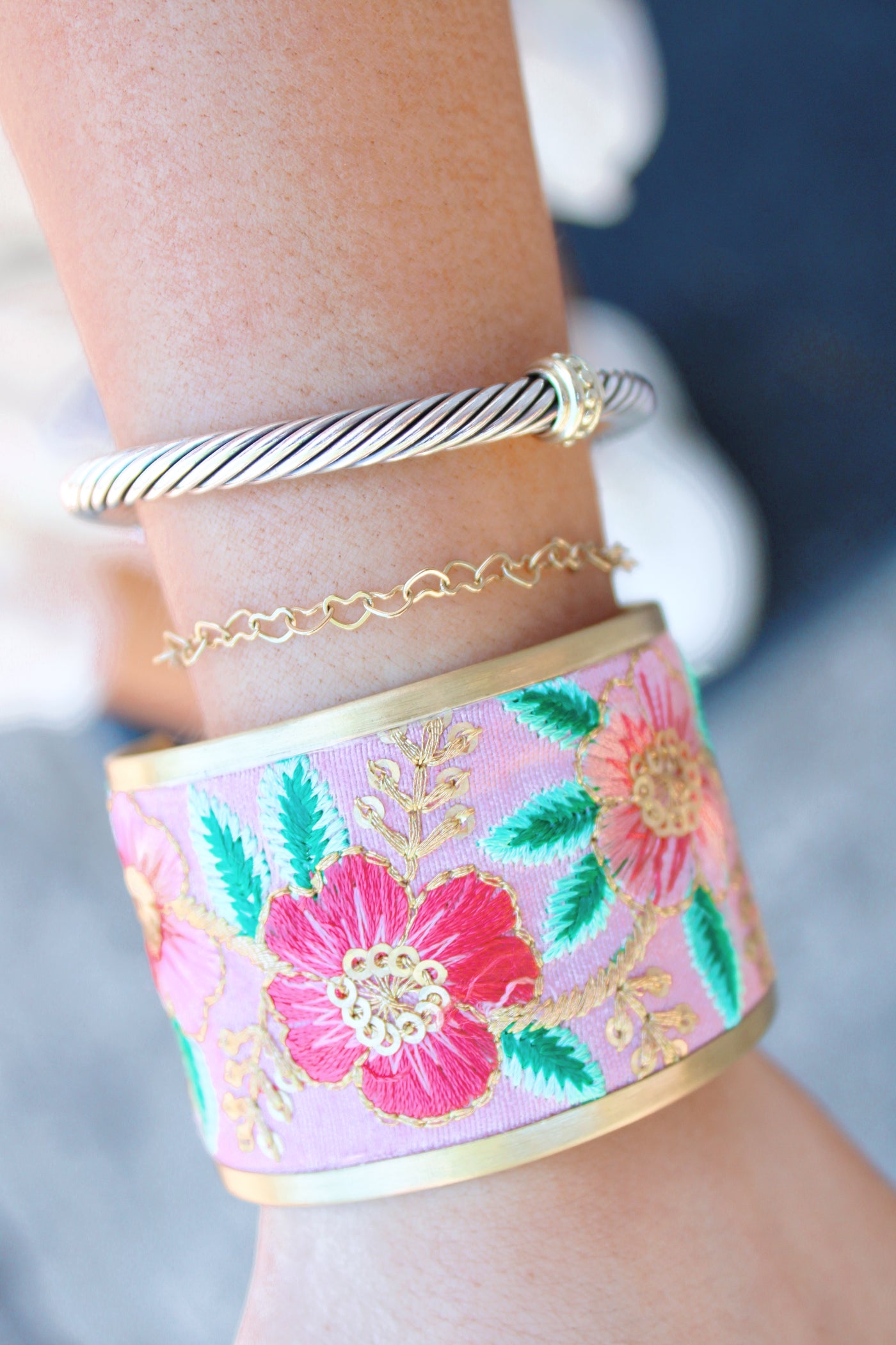 Pink Floral Embroidered Cuff Bracelet (Small)