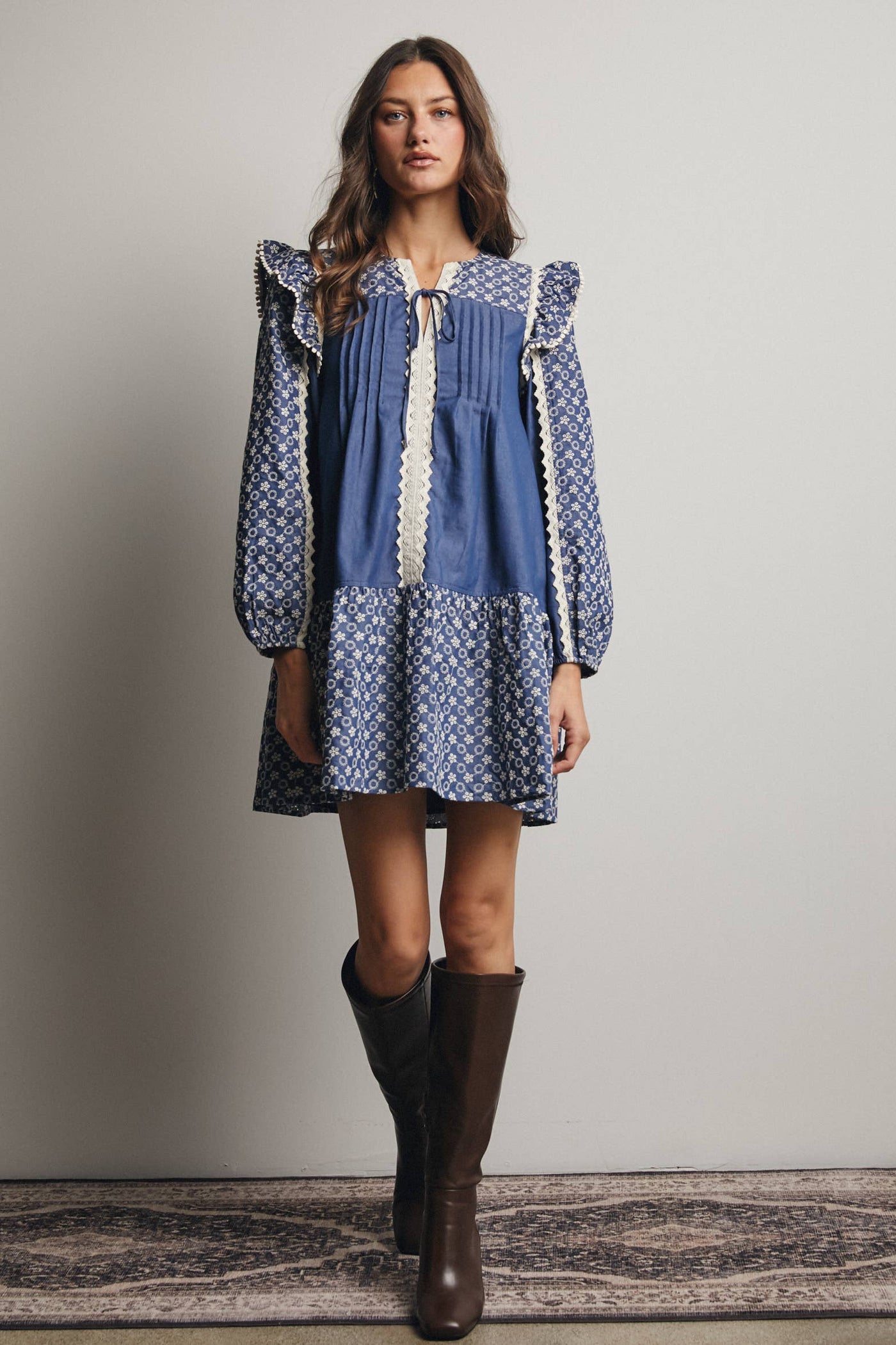 Denim Patchwork Lace Trim Mini Dress