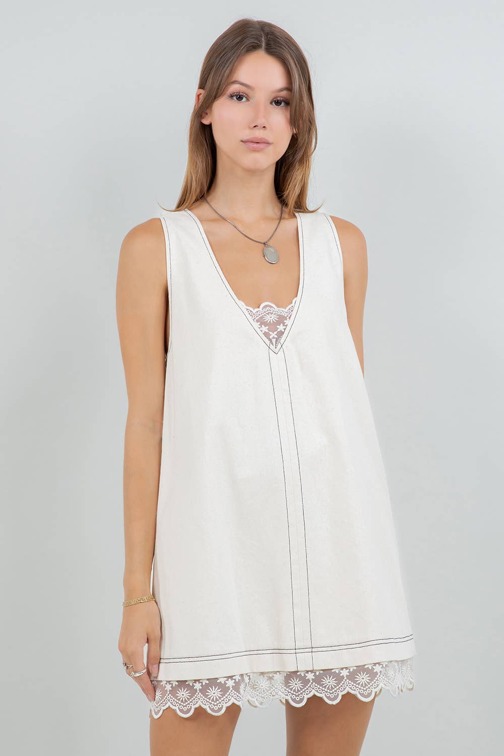 Denim Contrast Lace Shirt Mini Dress