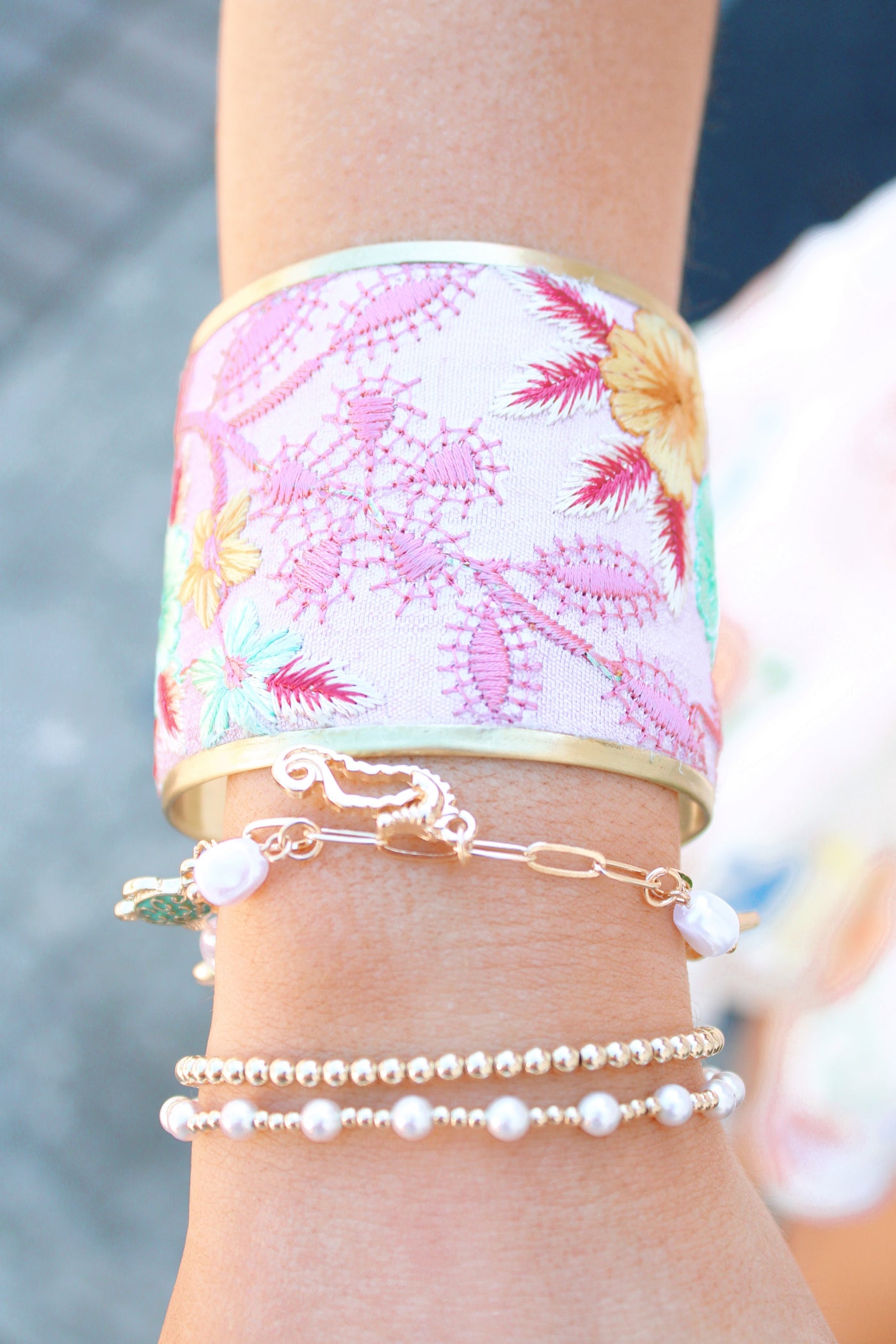 Pastel Embroidered Cuff Bracelet (Large)