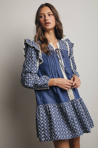 Denim Patchwork Lace Trim Mini Dress