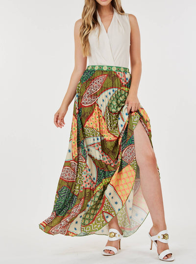 Patchwork Print Pleated Maxi Skirt