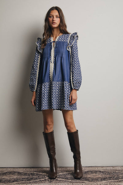 Denim Patchwork Lace Trim Mini Dress