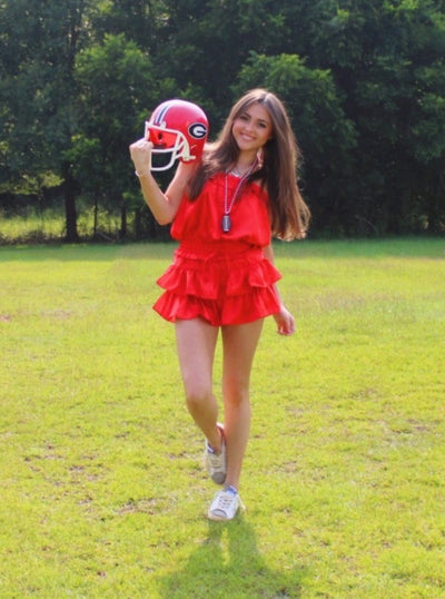 Red Strapless Flounce Romper