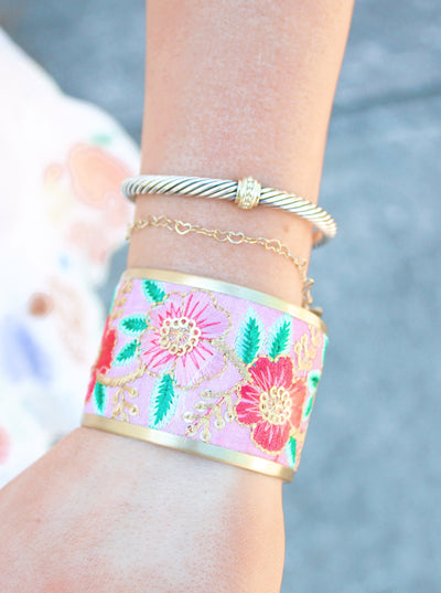 Pink Floral Embroidered Cuff Bracelet (Small)