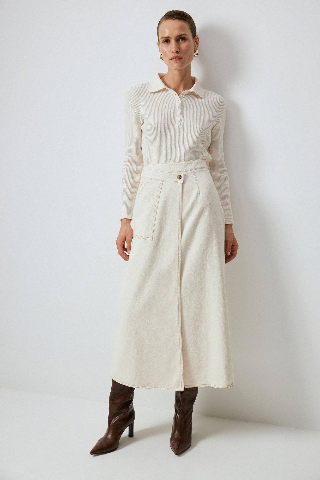 Cream Denim Maxi Skirt