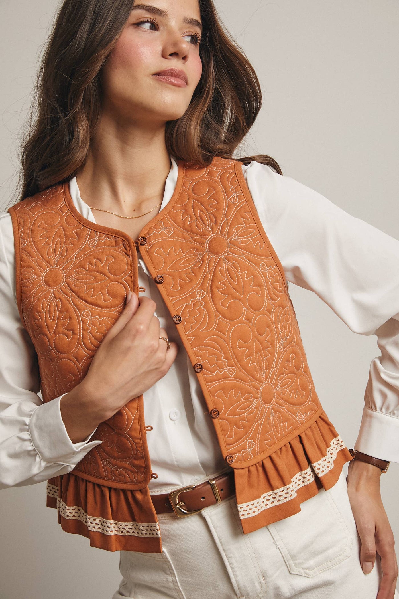Terracotta Quilted Peplum Vest