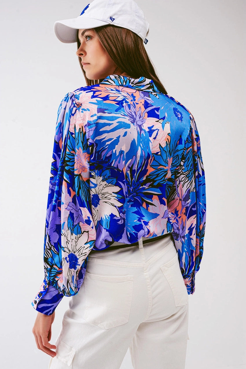 Floral Print Chiffon Blouse in Blue