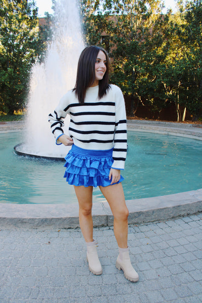 Evermore Blue Detailed Striped Sweater