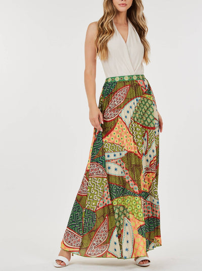 Patchwork Print Pleated Maxi Skirt