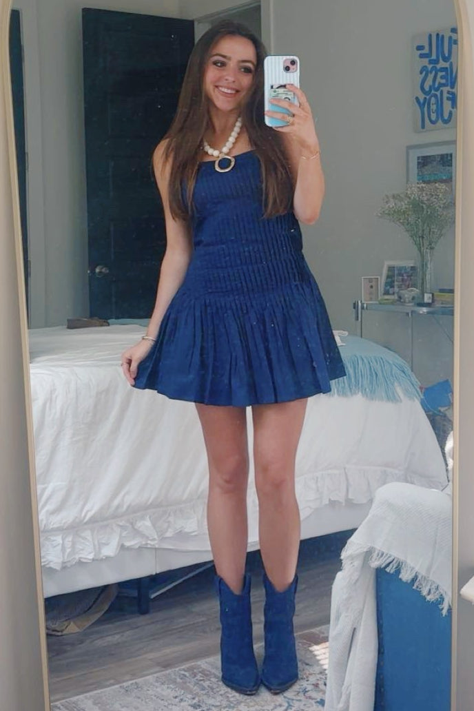 Navy Pintuck Pleats Mini Dress