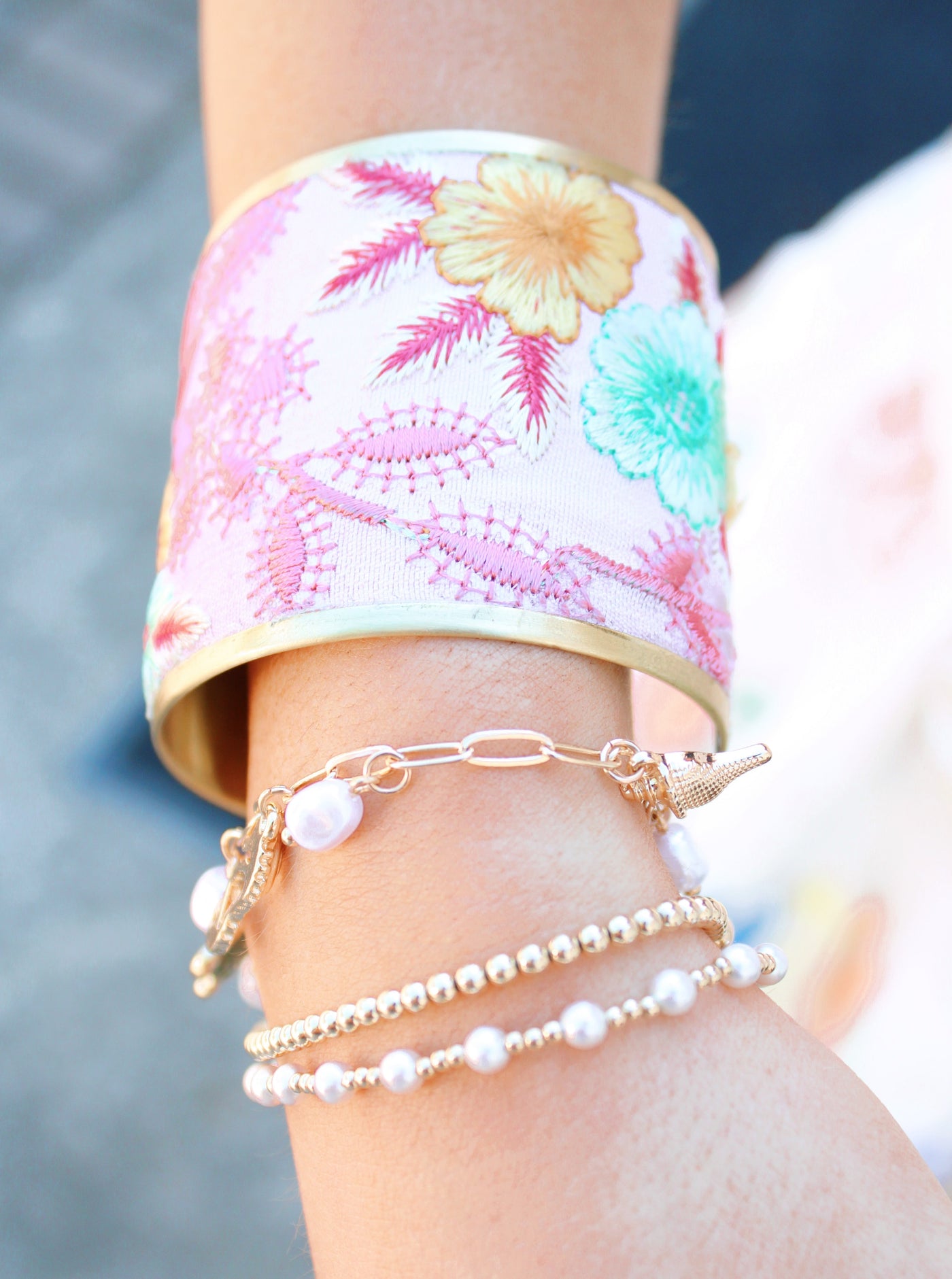 Pastel Embroidered Cuff Bracelet (Large)