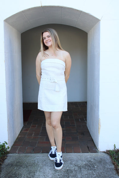 Ivory Tweed Belted Mini Dress