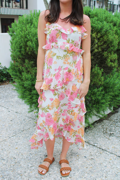 Emily Dot Floral Ruffle Midi Dress