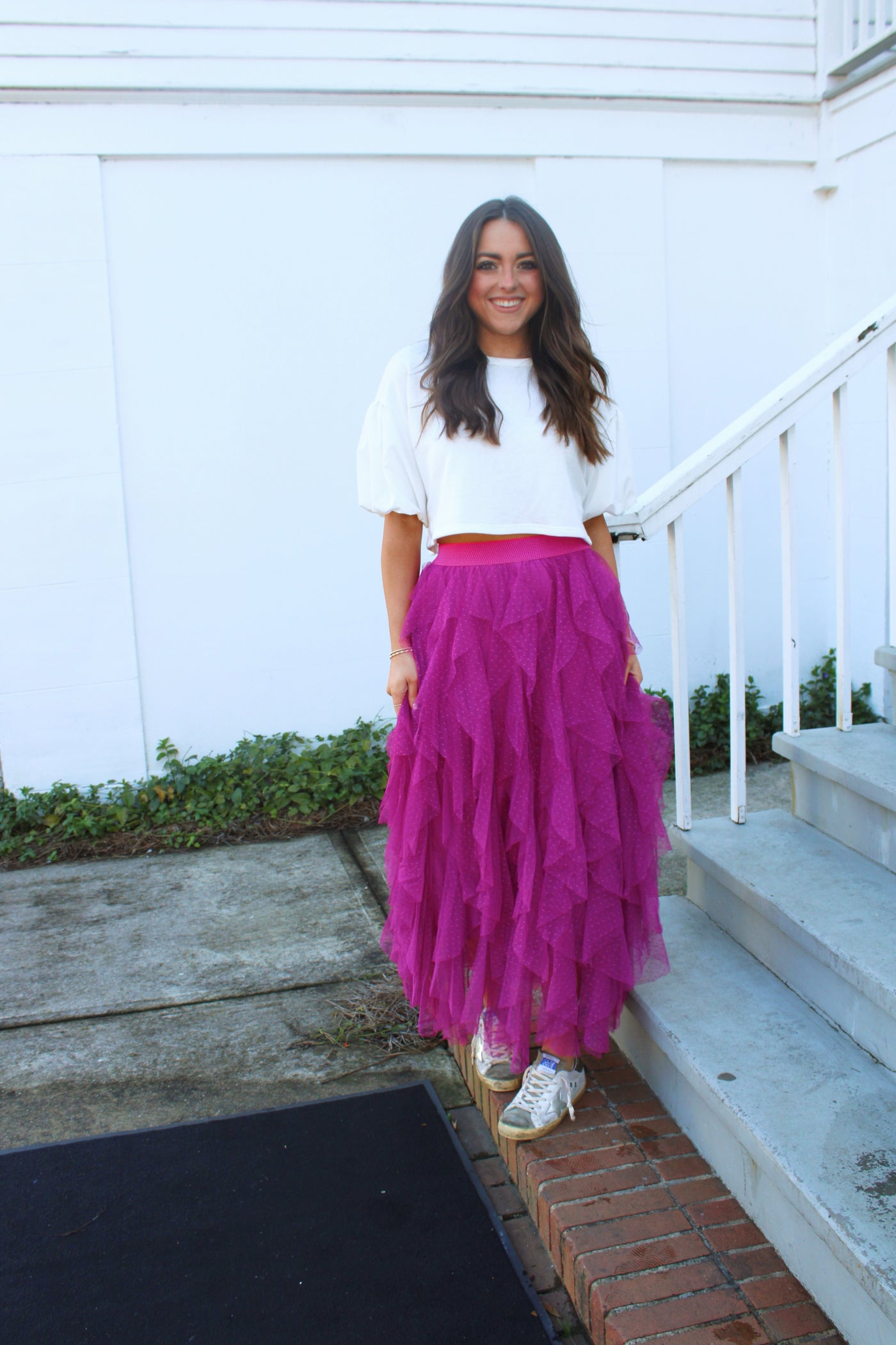 Magenta Tulle Midi Skirt