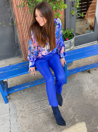 Electric Blue Faux Leather Flare Pants