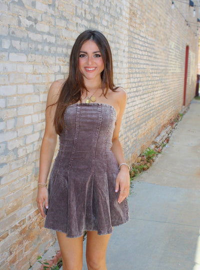 Pleated Strapless Mini Dress (Brown)