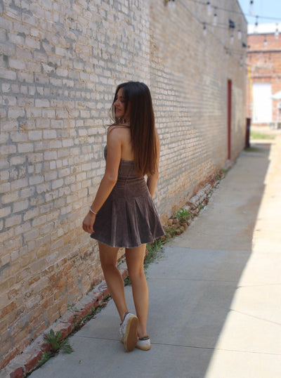Pleated Strapless Mini Dress (Brown)