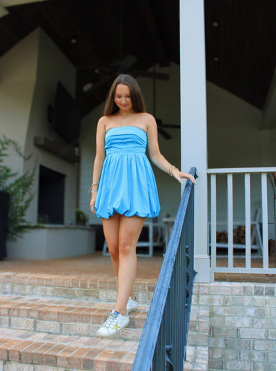 Azure Strapless Bubble Hem Mini Dress