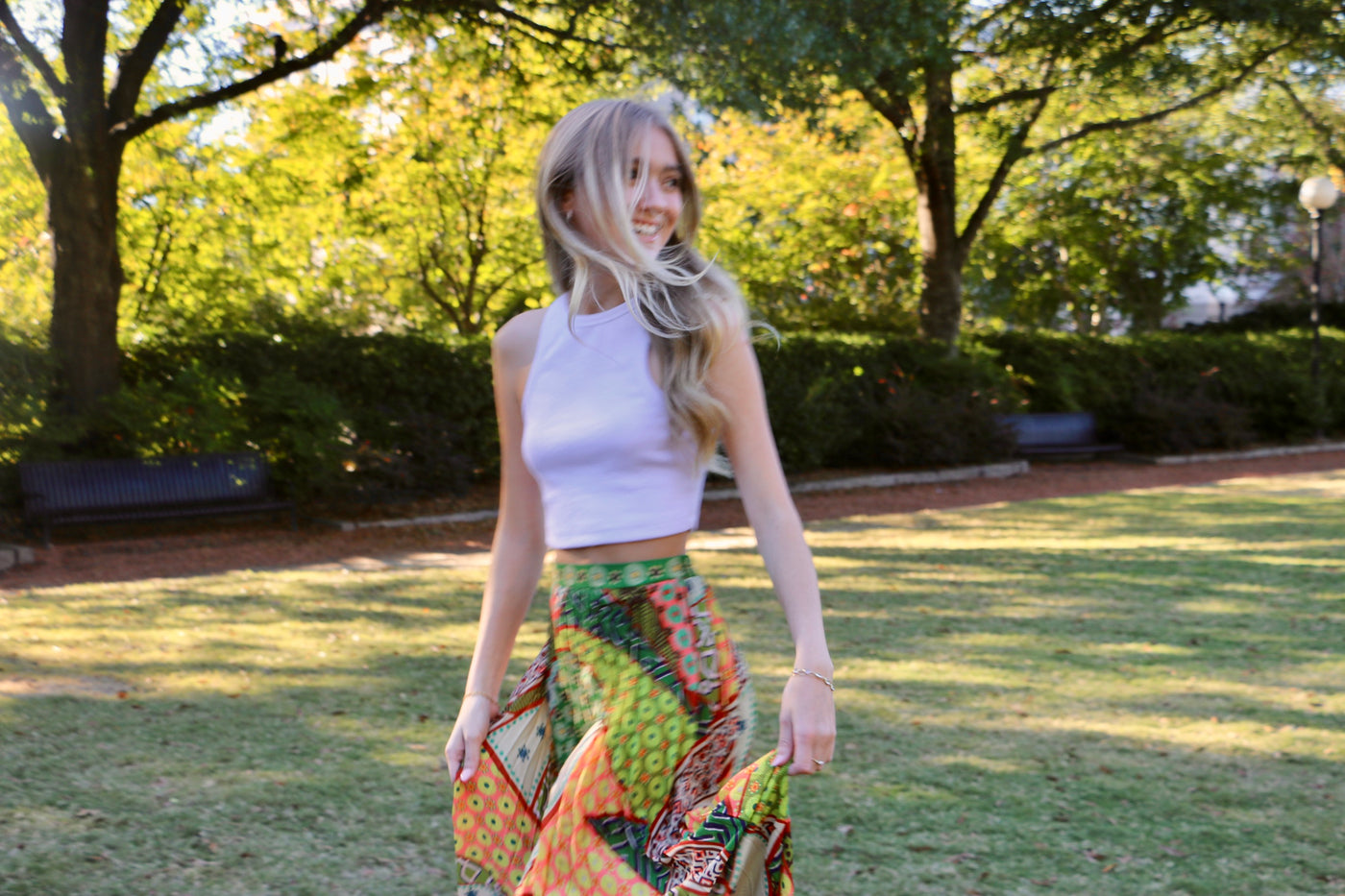 Patchwork Print Pleated Maxi Skirt