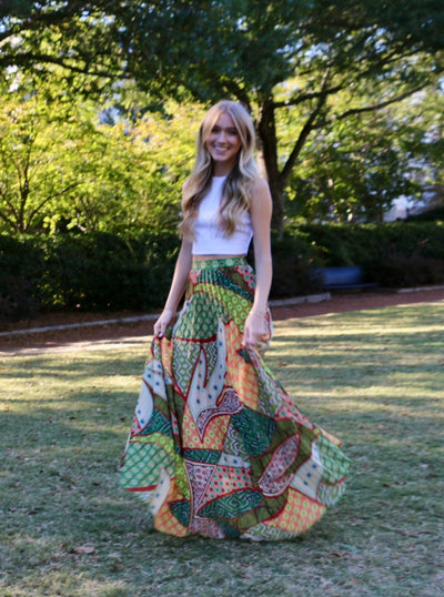 Patchwork Print Pleated Maxi Skirt