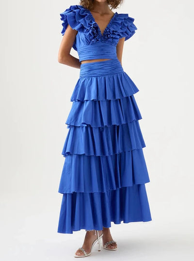 Blue Tiered Midi Skirt Set
