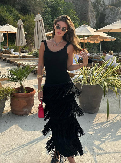 Black Fringe Knit Midi Dress