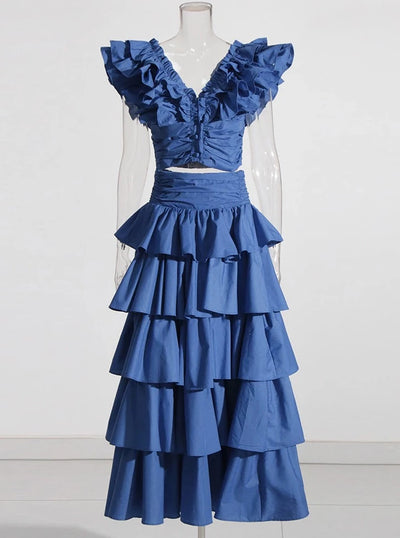 Blue Tiered Midi Skirt Set