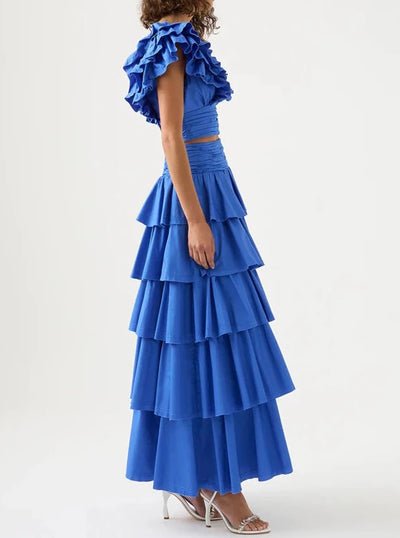 Blue Tiered Midi Skirt Set