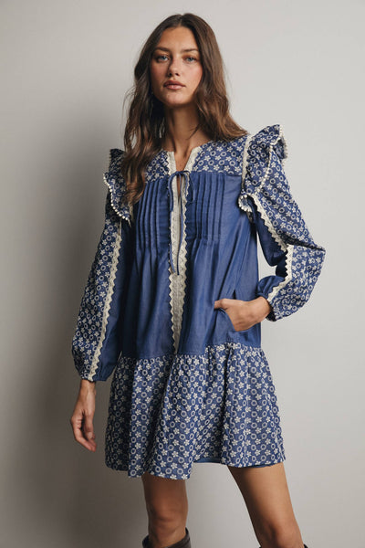 Denim Patchwork Lace Trim Mini Dress