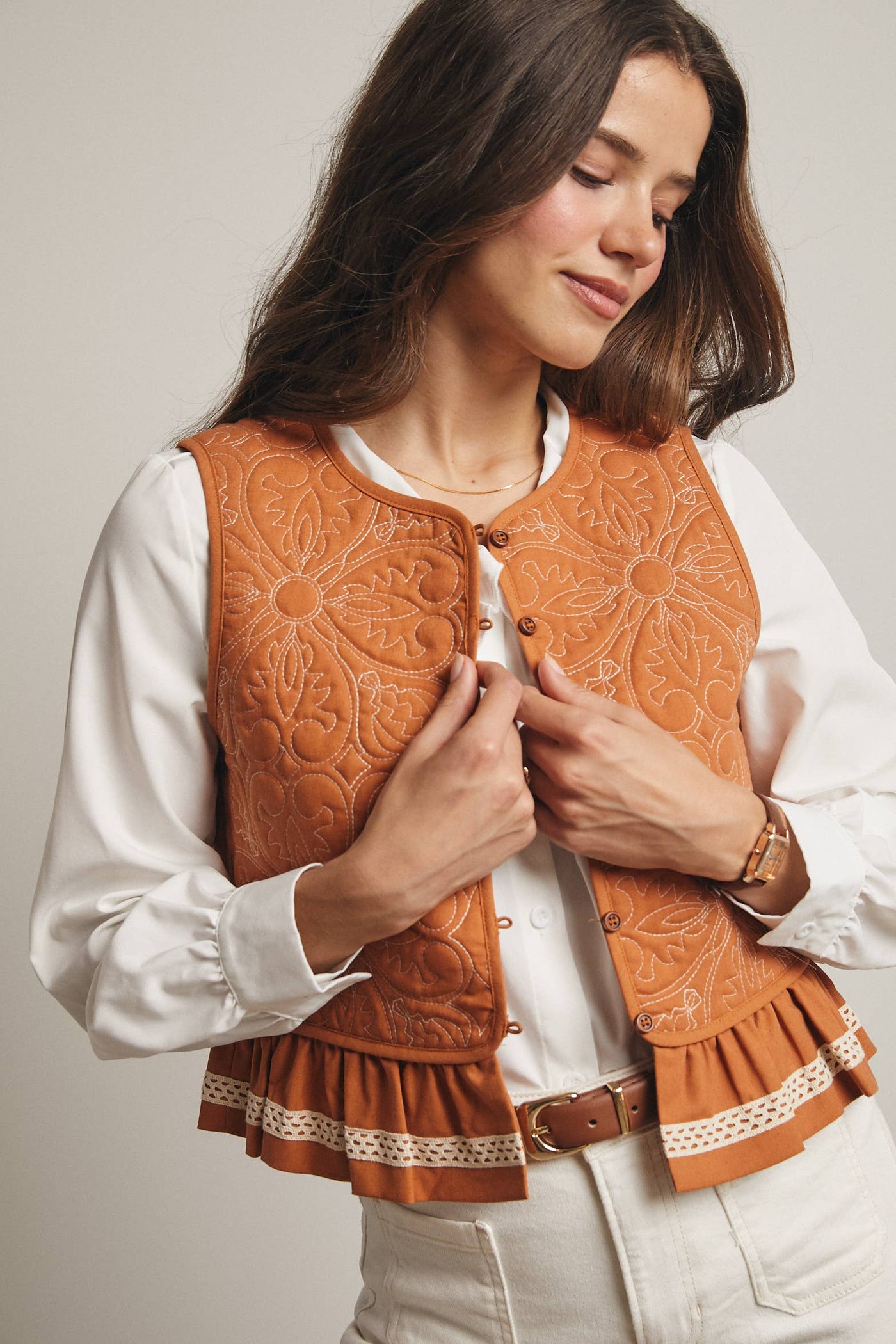 Terracotta Quilted Peplum Vest