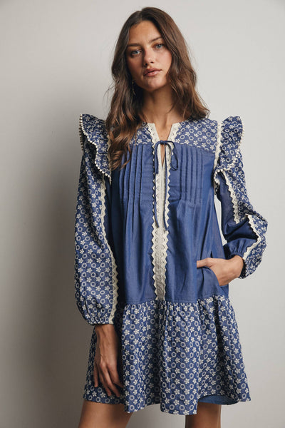 Denim Patchwork Lace Trim Mini Dress