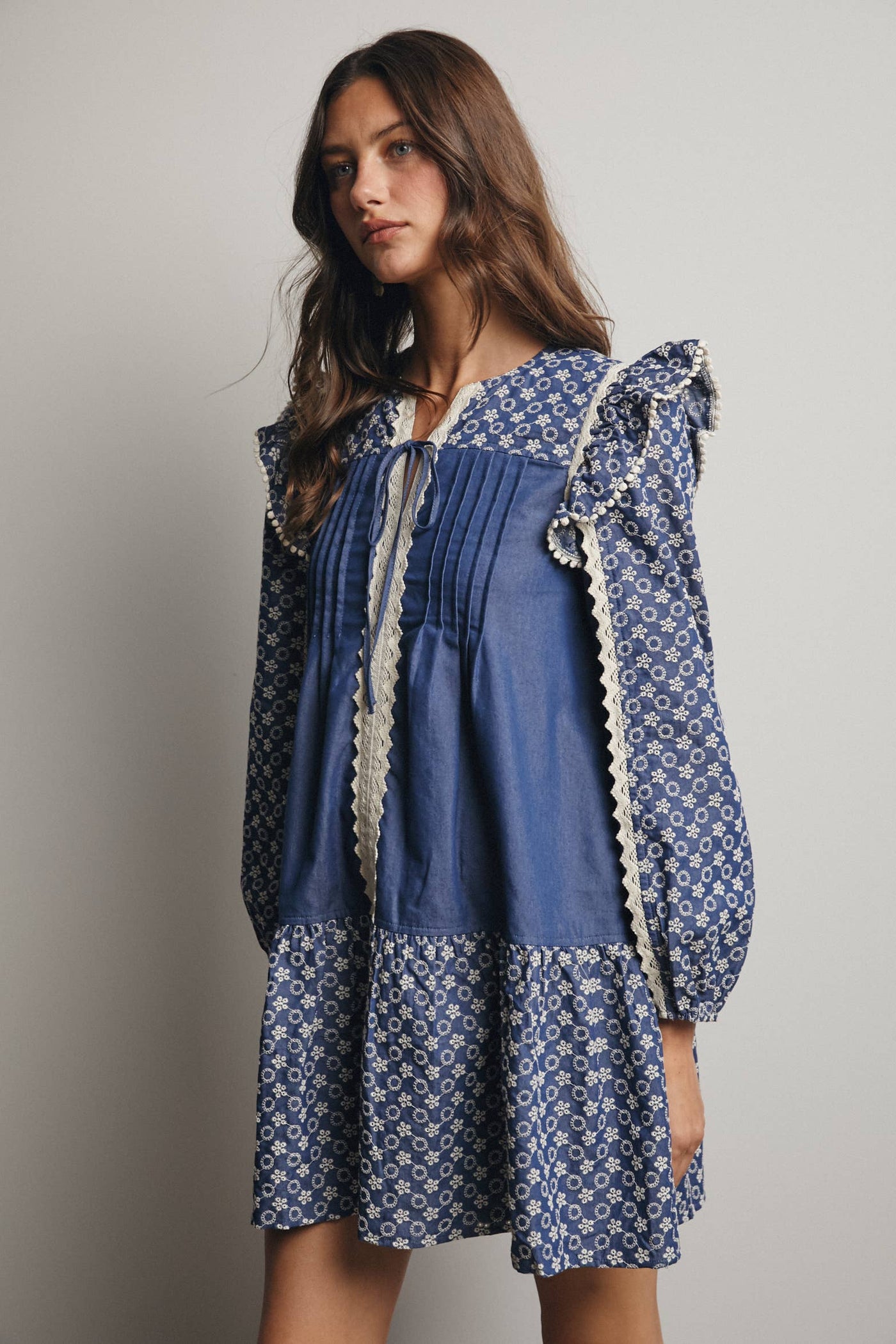Denim Patchwork Lace Trim Mini Dress