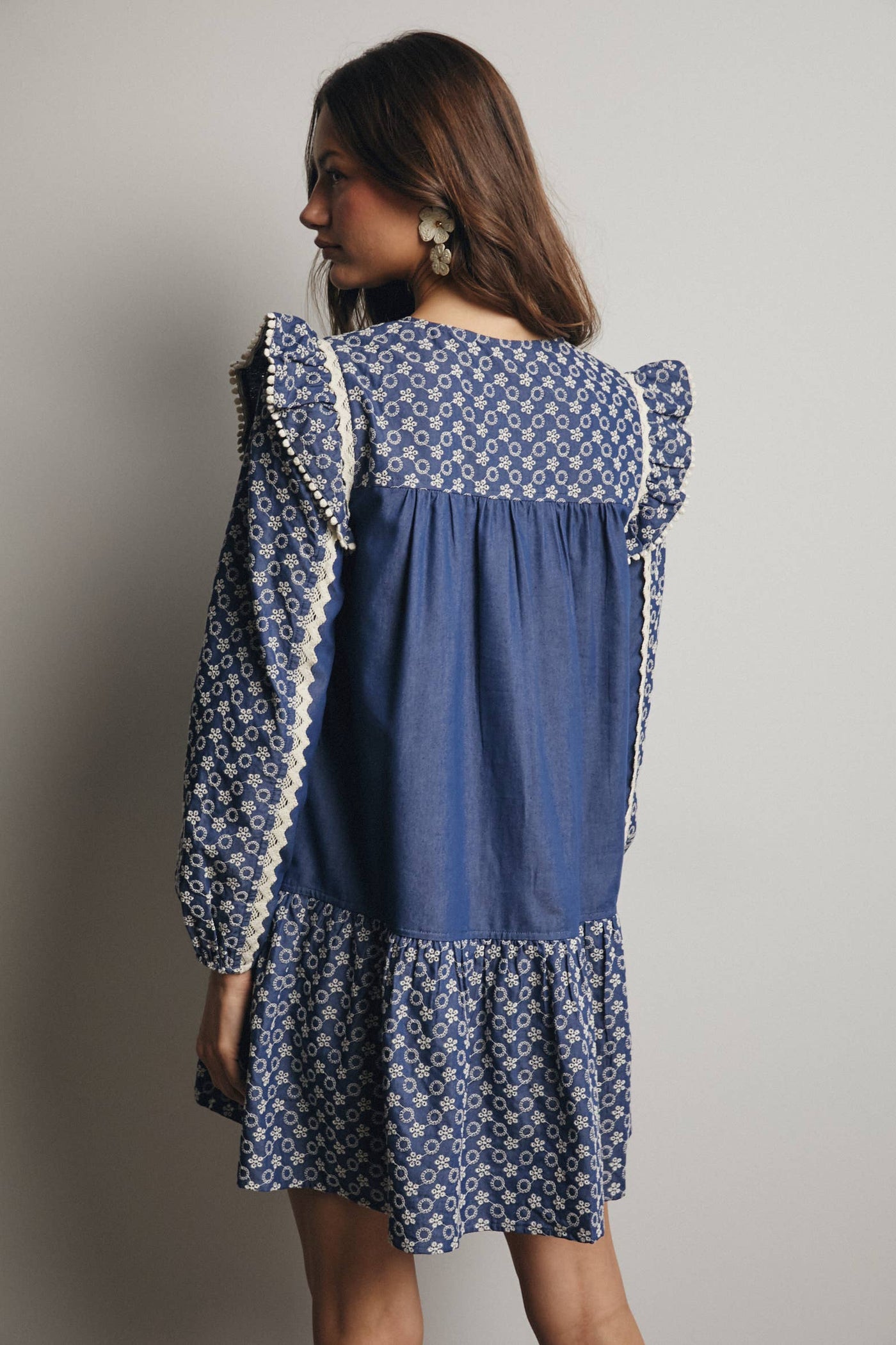Denim Patchwork Lace Trim Mini Dress
