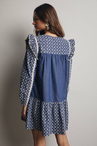 Denim Patchwork Lace Trim Mini Dress